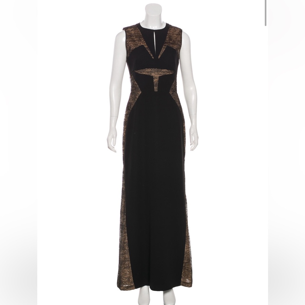 J Mendel 100% silk long evening gown. Black, beaded, w neutral accents. Size M